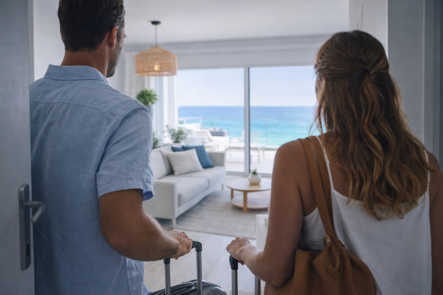 Vacation rental host welcoming guests at the door